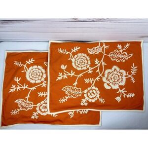 Pottery Barn Embroidered Floral Pillow Covers Shams Set of 2 Orange Cream Accent